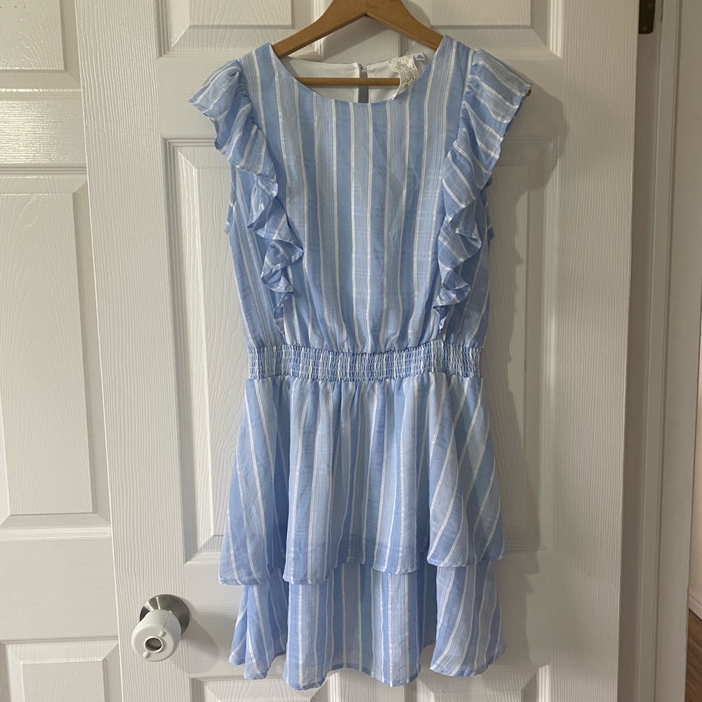 Sadie & Sage Blue & White Stripped Ruffle Dress